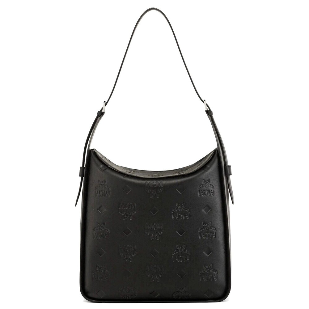 MCM Women's Large Aren Hobo Shoulder Bag Purse in Black Maxi Monogram Leather